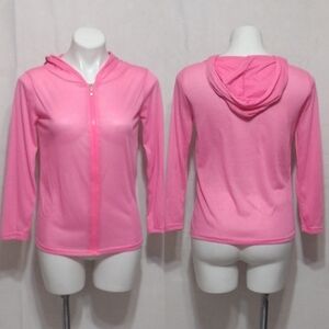 Neon Pink Sheer Hooded Zip Up Sweater Medium Lightweight Fitted Athleisure Chic